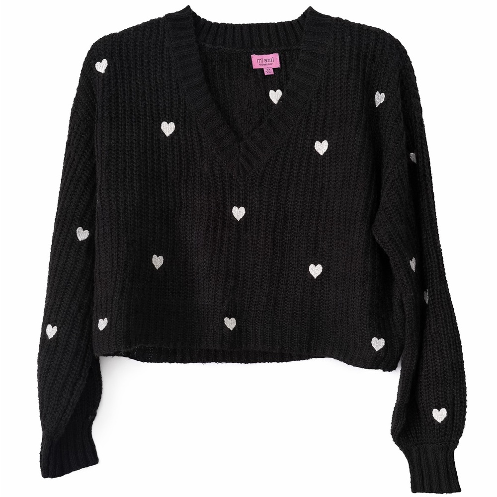 Miami Black V-Neck Sweater with White Hearts